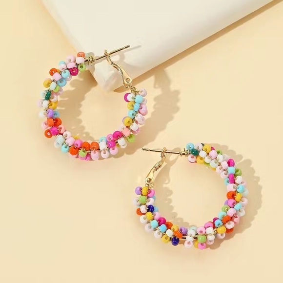 Boho Colorful Rice Bead Hoop Earrings - Picture 2 of 5